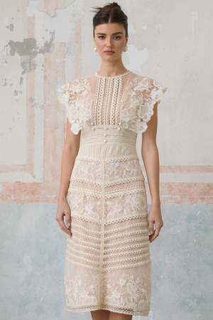 Aurohaya Fleur floral-embroidered lace midi dress in Neutrals