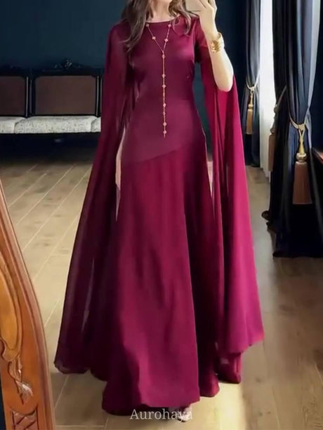 Aurohaya Round Neck Long Split Slit Sleeve Maxi Dress, DES104 Wine