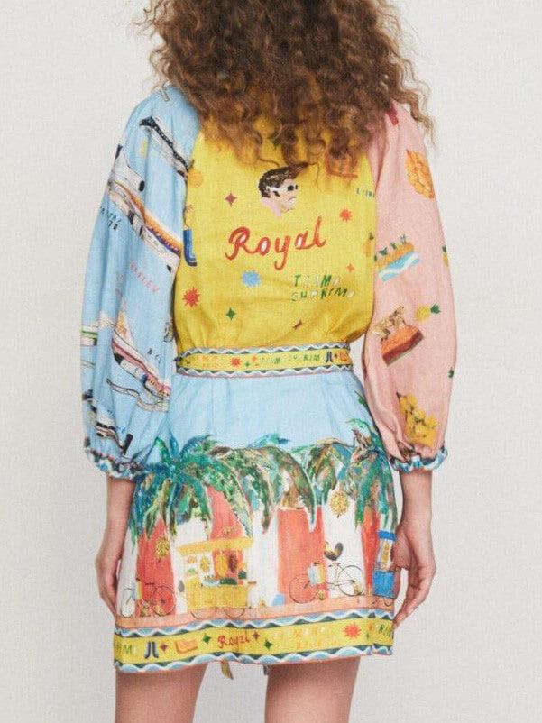 Aurohaya Unique Satin Art Floral Print Tie Pocket Shirt Mini Dress