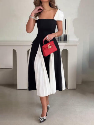 Aurohaya Elegant Contrast Pleated Panel Midi Dress