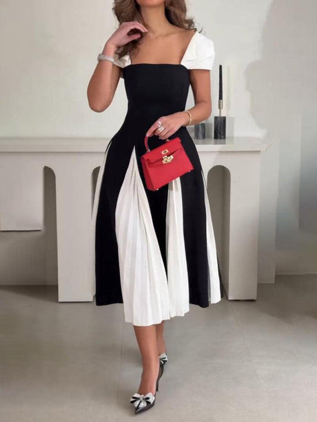 Aurohaya Elegant Contrast Pleated Panel Midi Dress