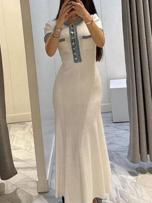 Aurohaya Fashion Denim Patchwork Knitted Tight Maxi Dress