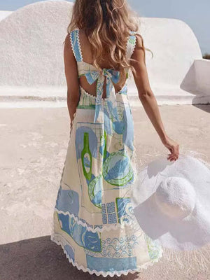 Aurohaya Unique Painted Print Open Back Bow Maxi Dress