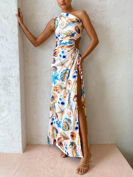 Aurohaya Exquisite Shell Print Side Slit Maxi Dress