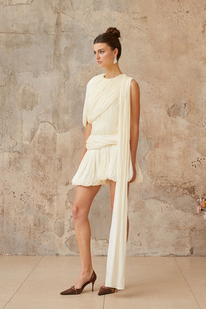 Aurohaya Cyrielle Pleated Mini Dress with Ribbon Design Accent