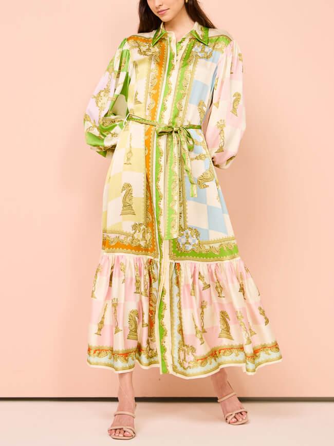 Aurohaya Unique Vintage Floral Lapel Single Breasted Midi Dress Multicolor