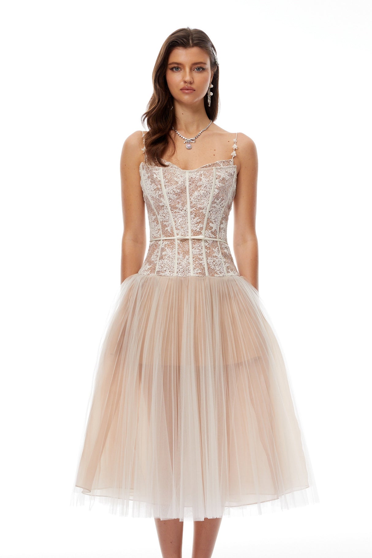 Aurohaya Mira Neutrals Lace Panel Tulle Midi Dress