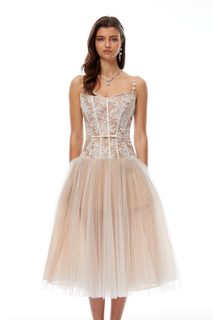 Aurohaya Mira Neutrals Lace Panel Tulle Midi Dress
