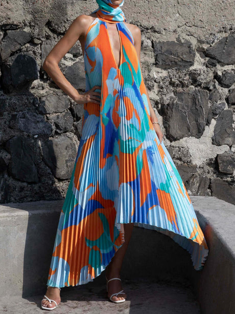 Aurohaya Stylish Pleated Halterneck Strappy Backless Midi Dress Light Blue
