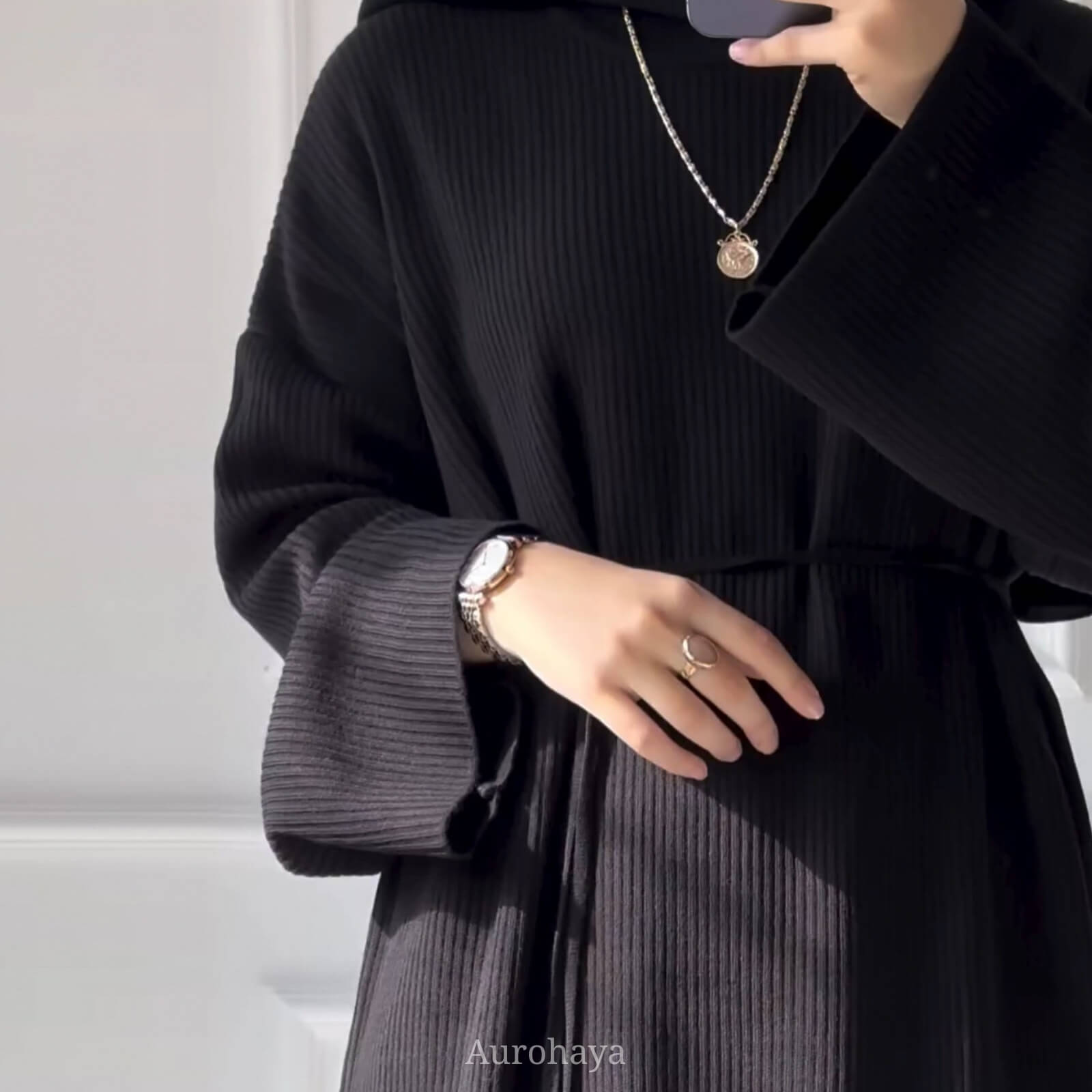 Knitted Round Neck Hooded Bubble Sleeves Sweater Dress
