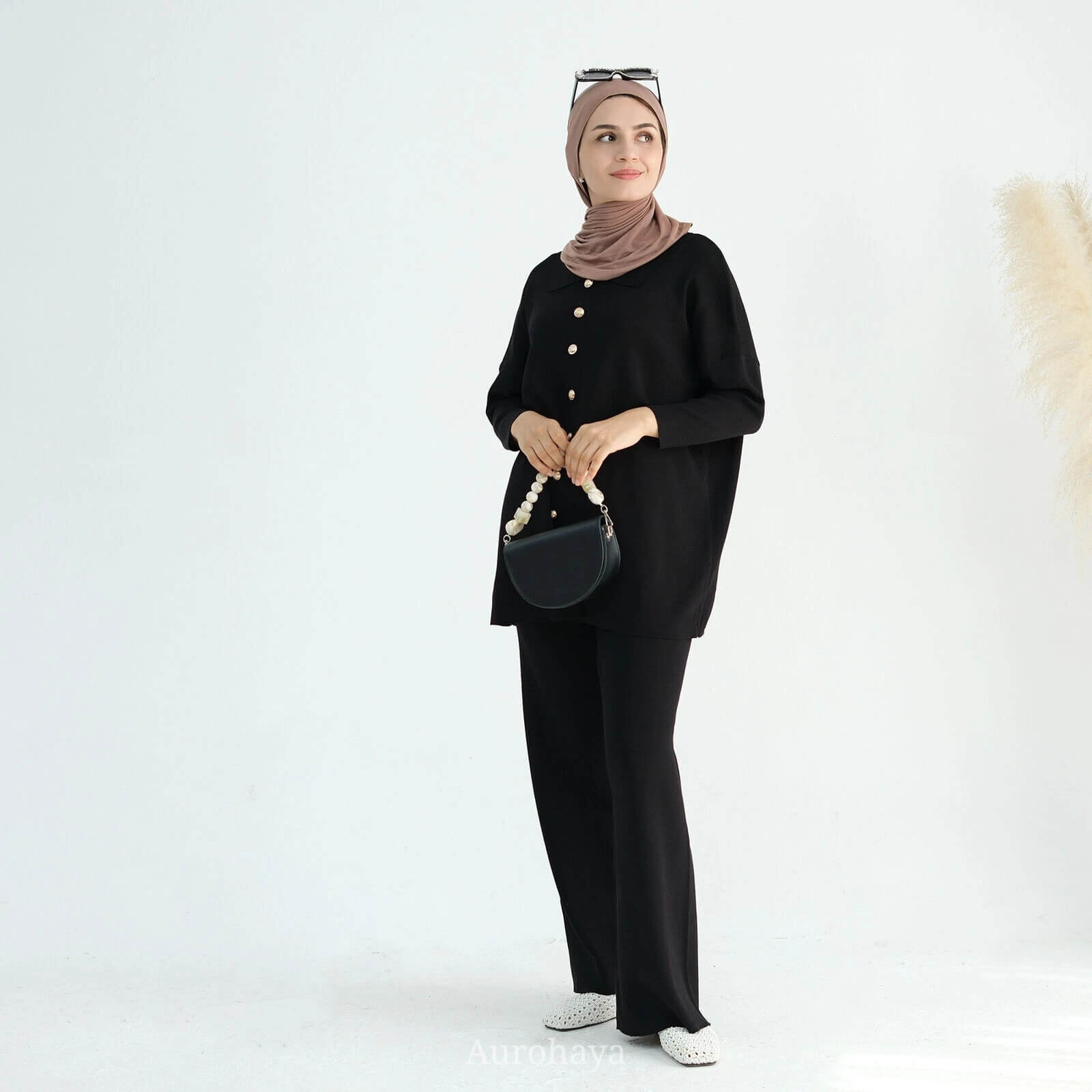 Casual Knit Long-Sleeve Shirt & Wide-Leg Pants 2-Piece Set