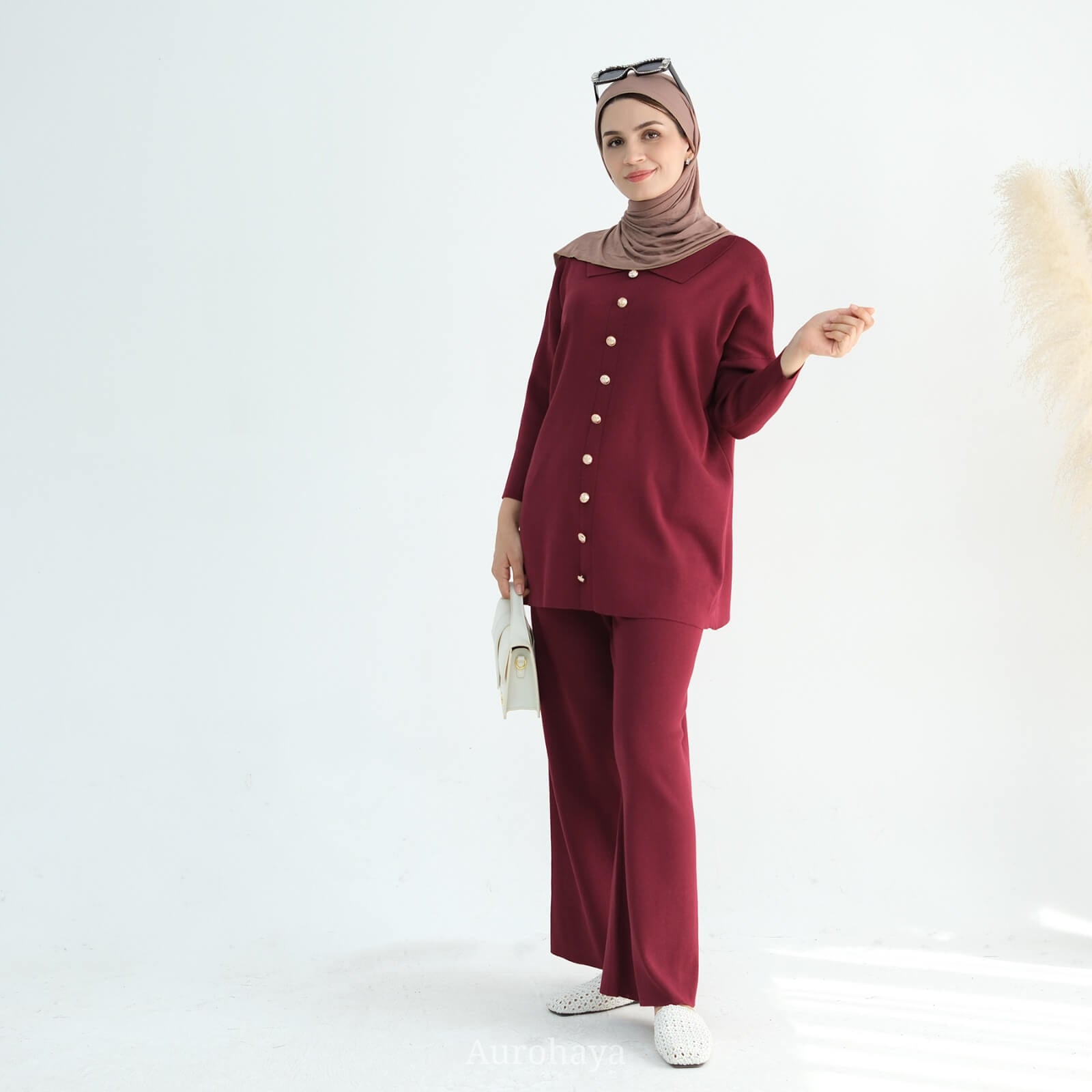Casual Knit Long-Sleeve Shirt & Wide-Leg Pants 2-Piece Set