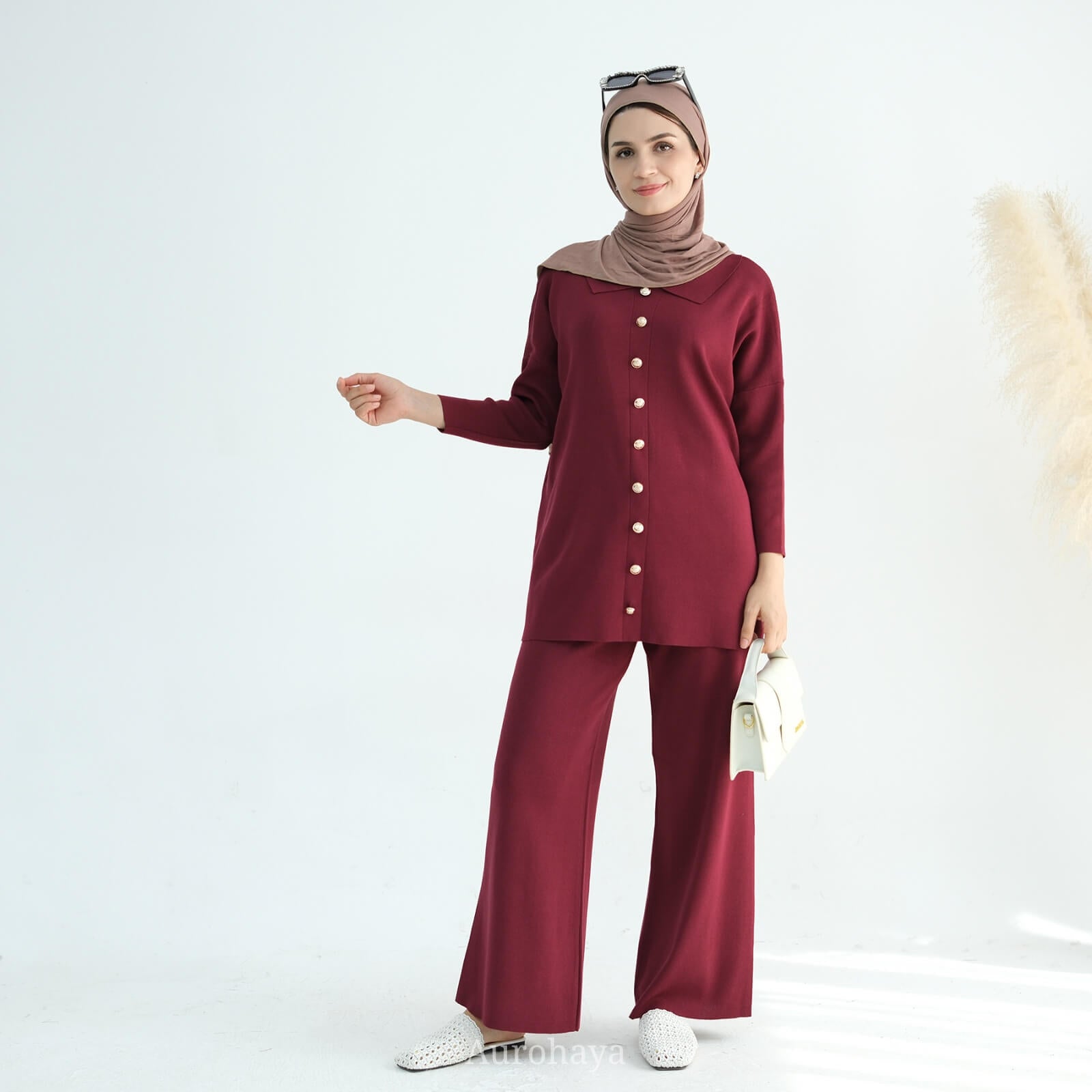 Casual Knit Long-Sleeve Shirt & Wide-Leg Pants 2-Piece Set