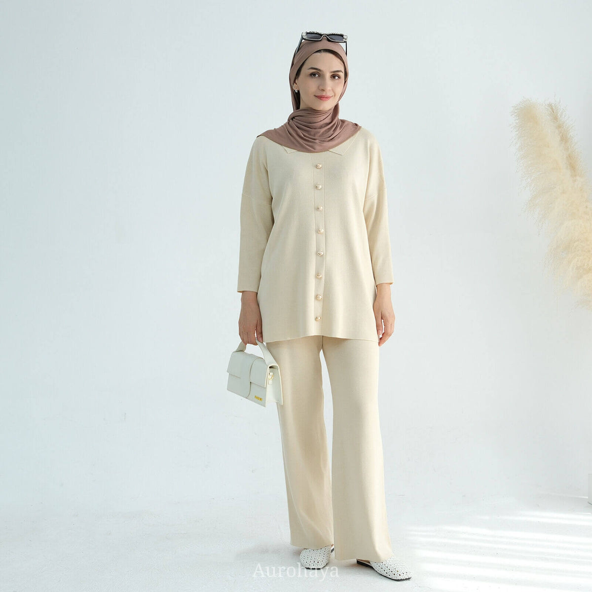 Casual Knit Long-Sleeve Shirt & Wide-Leg Pants 2-Piece Set