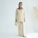 Casual Knit Long-Sleeve Shirt & Wide-Leg Pants 2-Piece Set