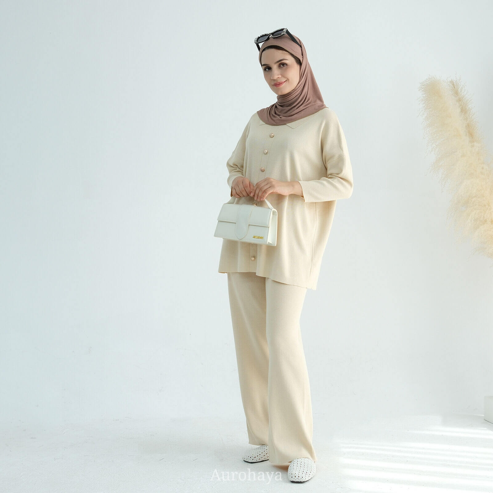 Casual Knit Long-Sleeve Shirt & Wide-Leg Pants 2-Piece Set