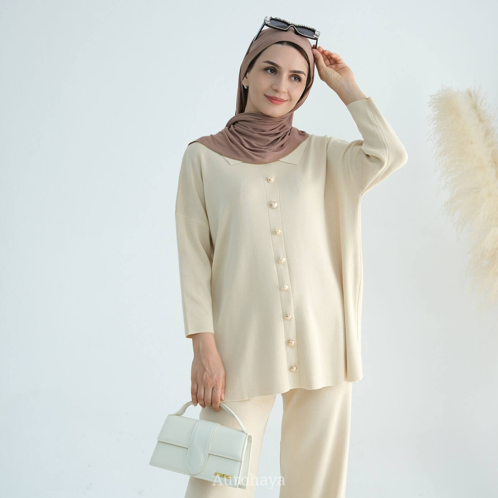 Casual Knit Long-Sleeve Shirt & Wide-Leg Pants 2-Piece Set