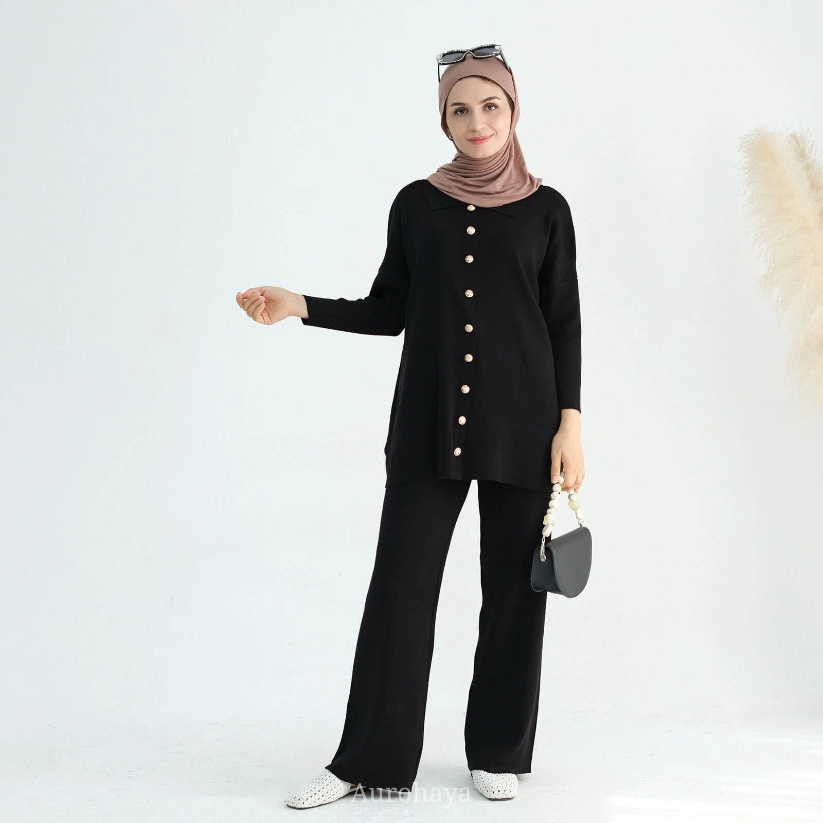Casual Knit Long-Sleeve Shirt & Wide-Leg Pants 2-Piece Set