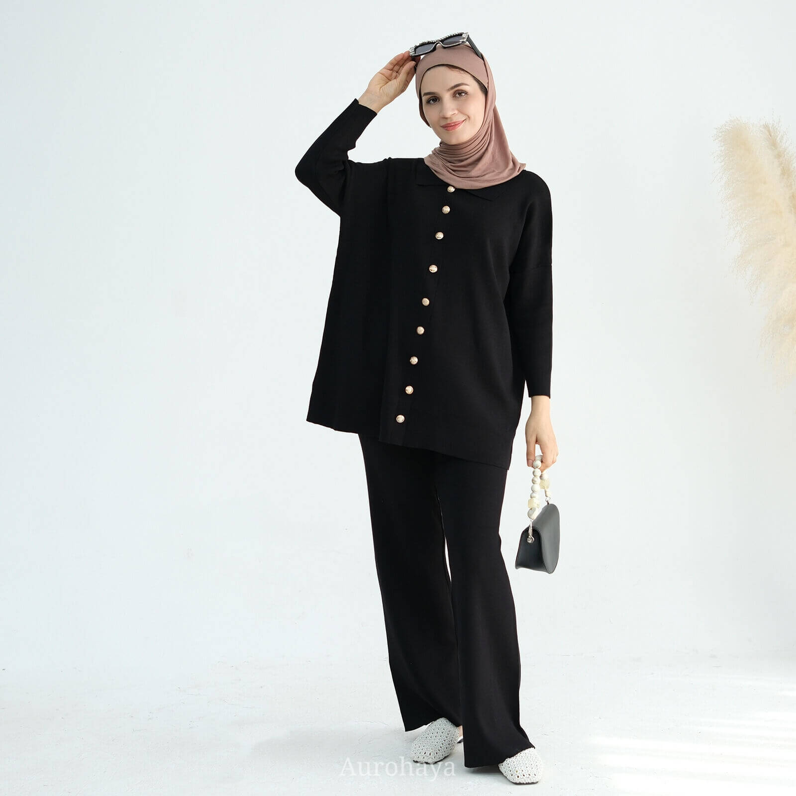 Casual Knit Long-Sleeve Shirt & Wide-Leg Pants 2-Piece Set