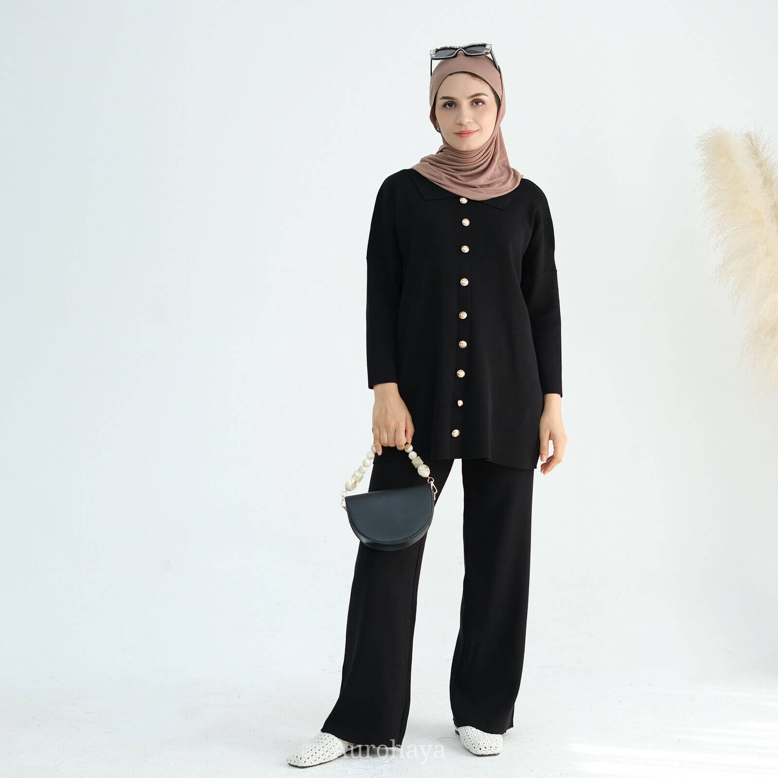 Casual Knit Long-Sleeve Shirt & Wide-Leg Pants 2-Piece Set