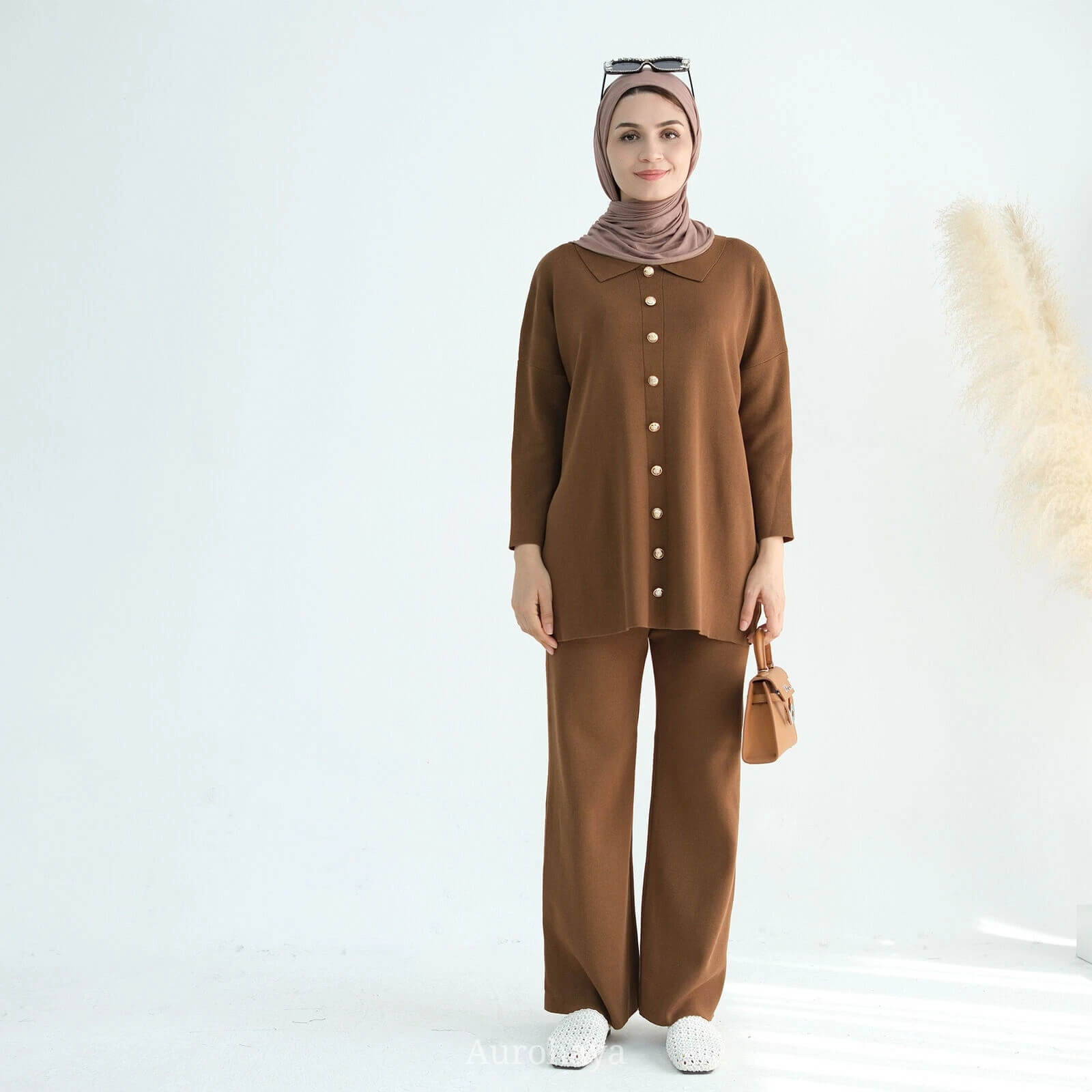 Casual Knit Long-Sleeve Shirt & Wide-Leg Pants 2-Piece Set
