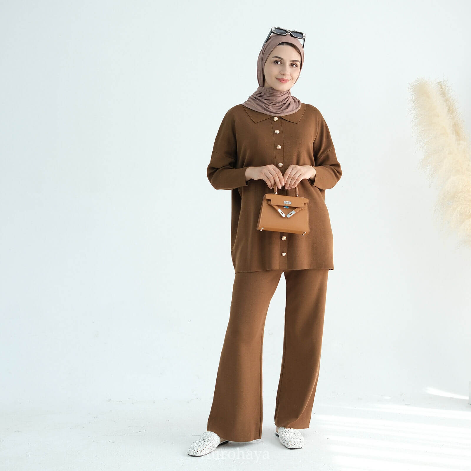 Casual Knit Long-Sleeve Shirt & Wide-Leg Pants 2-Piece Set