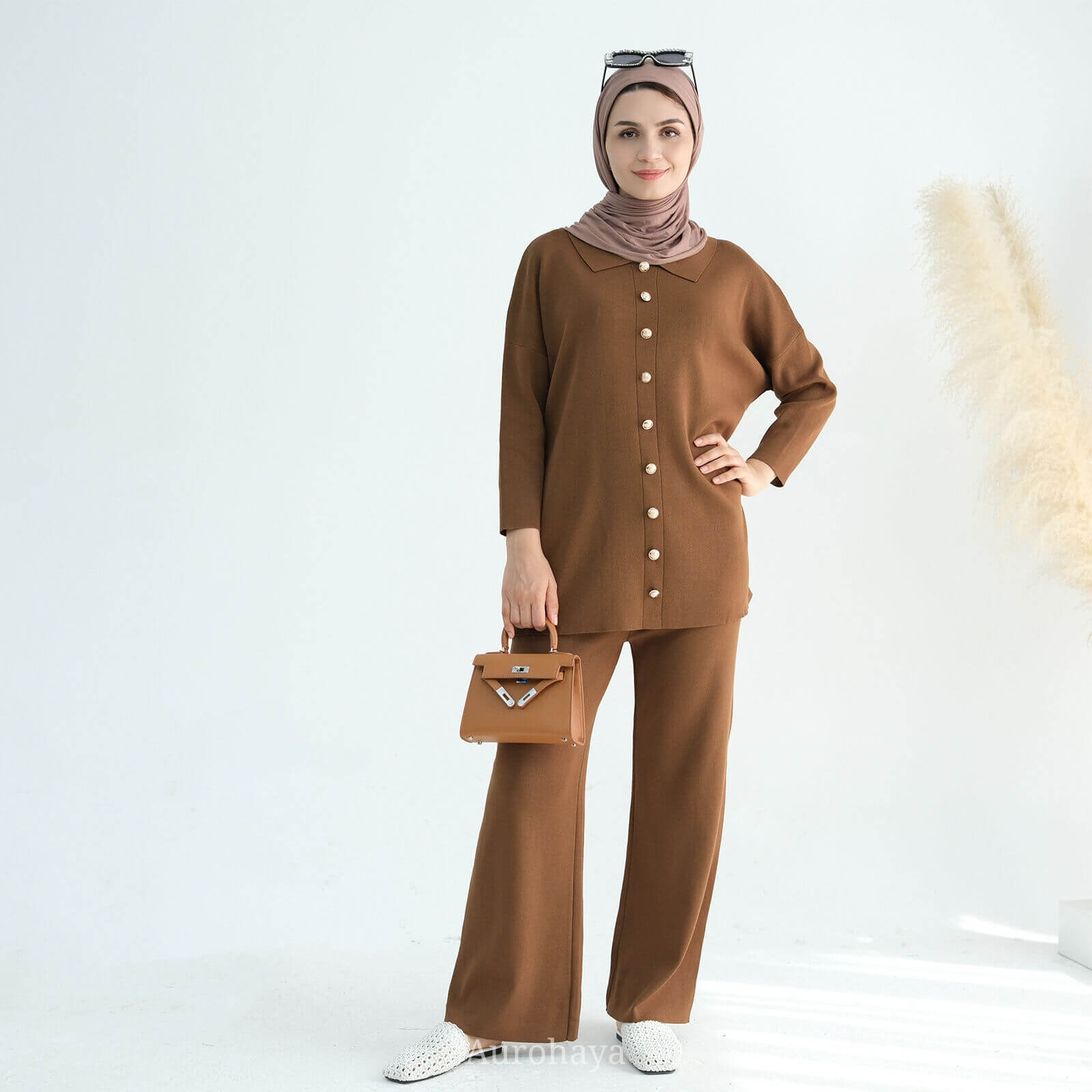 Casual Knit Long-Sleeve Shirt & Wide-Leg Pants 2-Piece Set