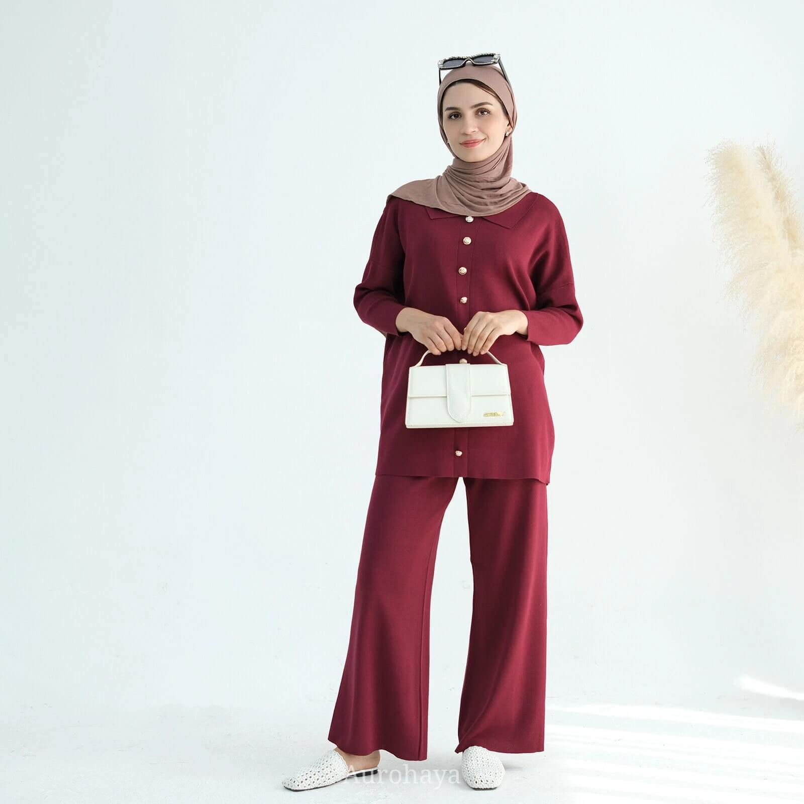 Casual Knit Long-Sleeve Shirt & Wide-Leg Pants 2-Piece Set