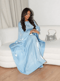 Solid Light Blue Maxi Satin Butterfly Abaya Dress