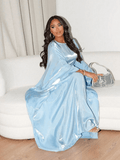 Solid Light Blue Maxi Satin Butterfly Abaya Dress