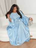 Solid Light Blue Maxi Satin Butterfly Abaya Dress
