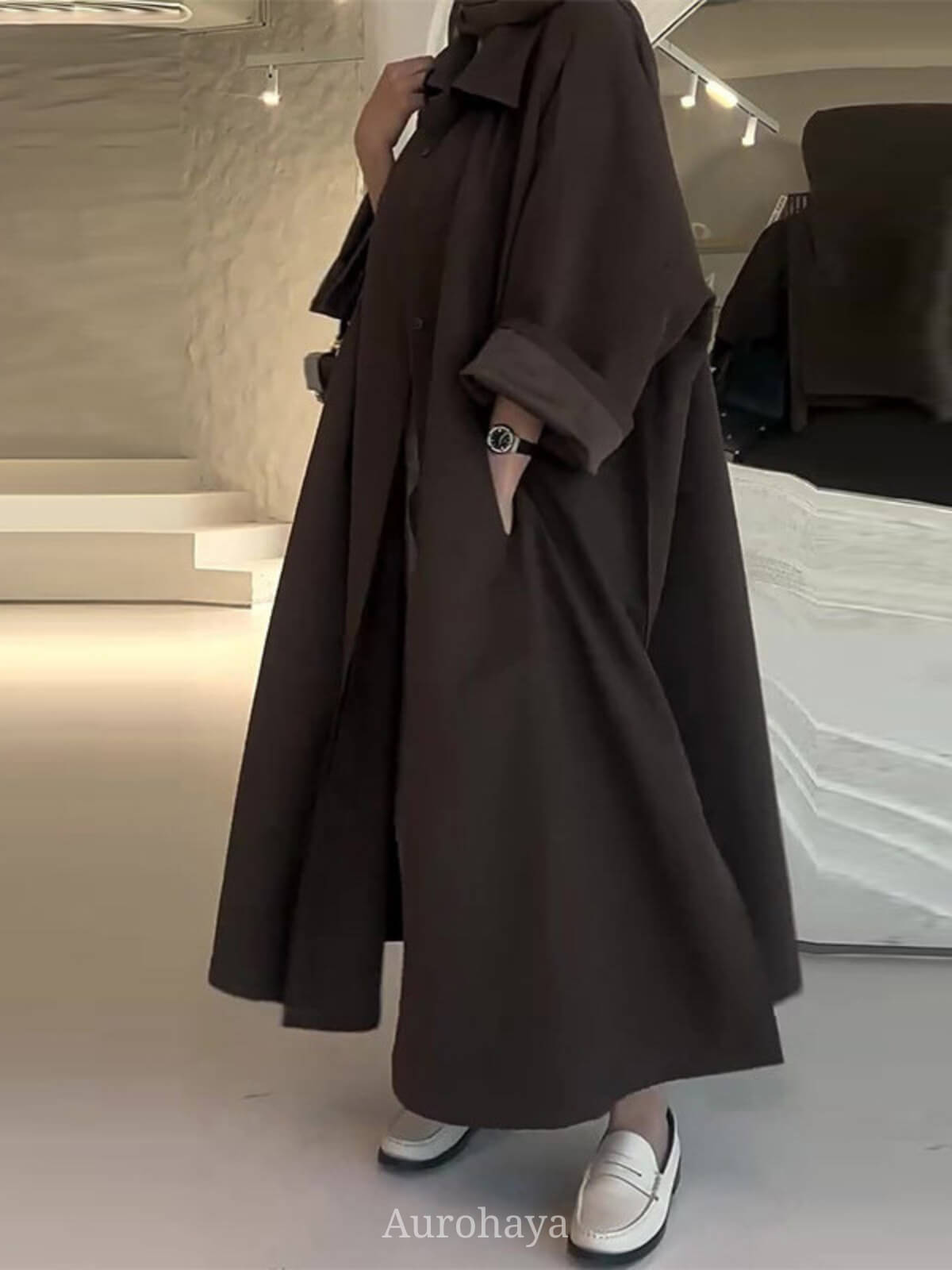 Women Abaya Trench Coat - Longline Button-Front Maxi Outerwear