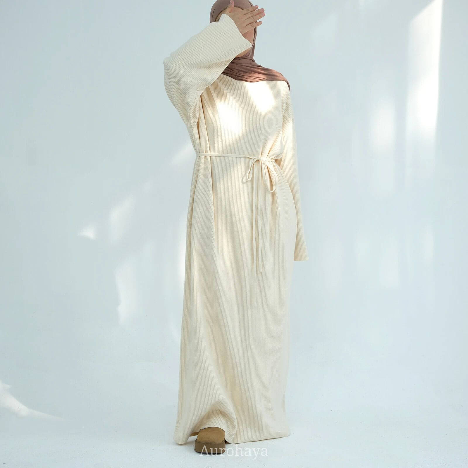 Knitted Round Neck Hooded Bubble Sleeves Sweater Dress