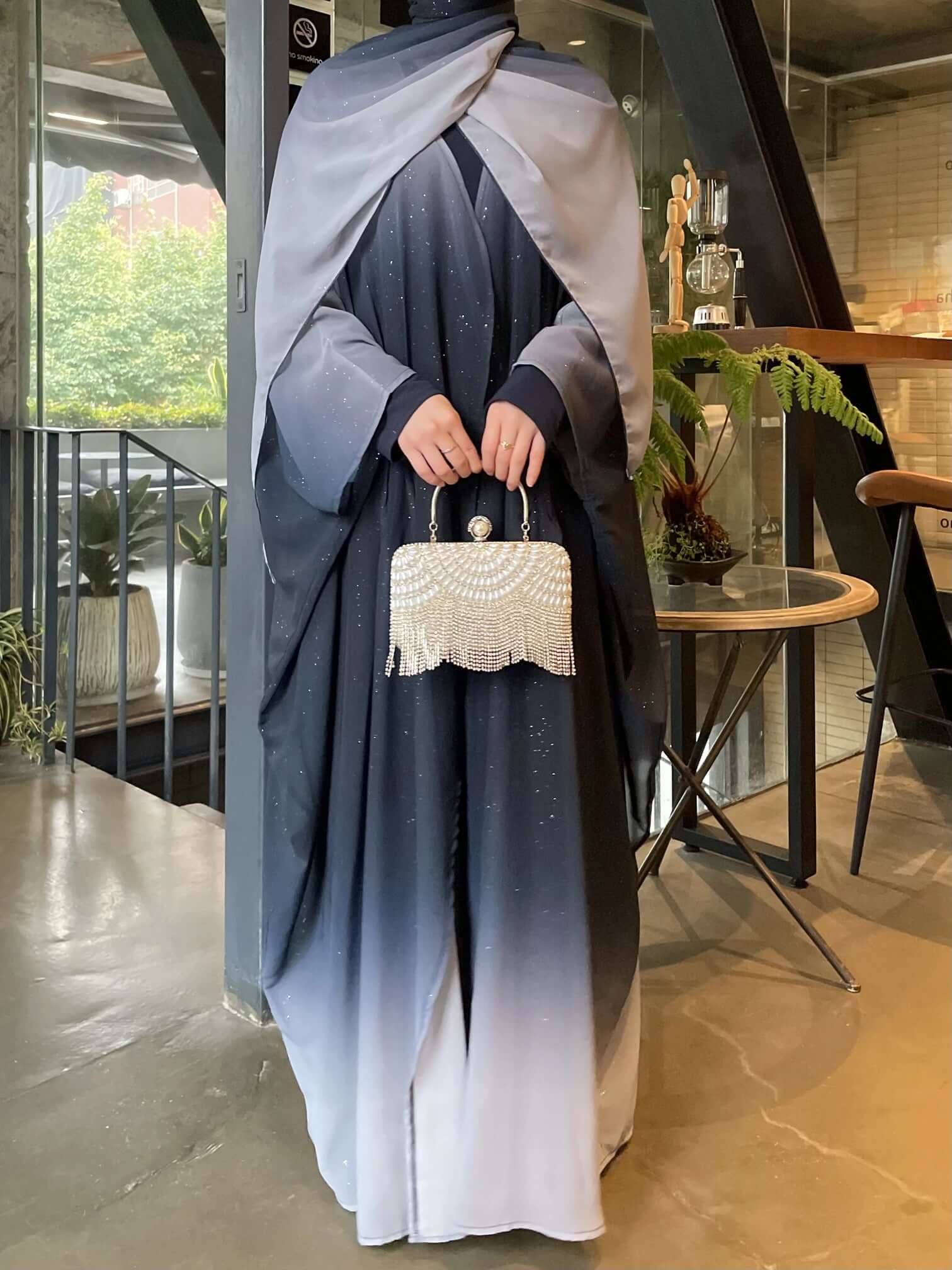 Gradient Galaxy Sparkling Abaya with Hijab 2-Piece Set