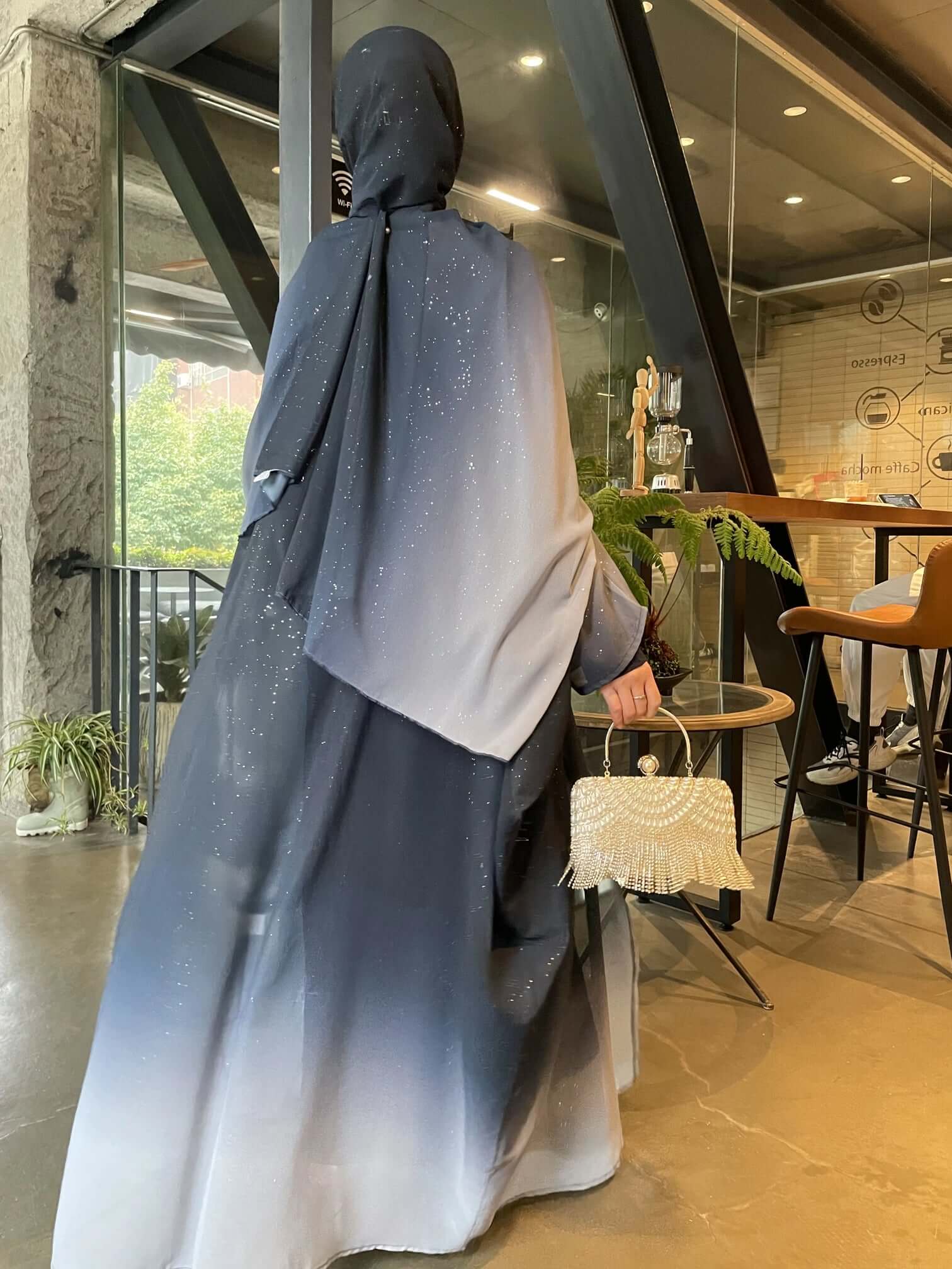 Gradient Galaxy Sparkling Abaya with Hijab 2-Piece Set