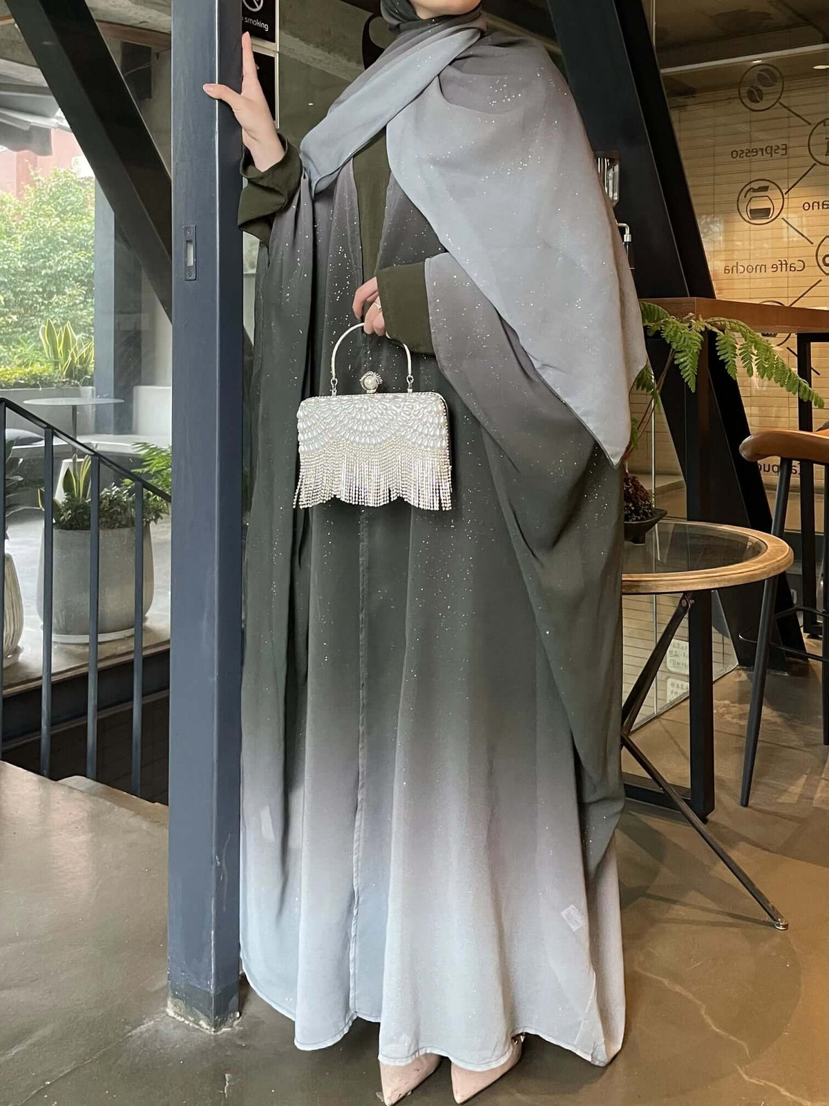 Gradient Galaxy Sparkling Abaya with Hijab 2-Piece Set