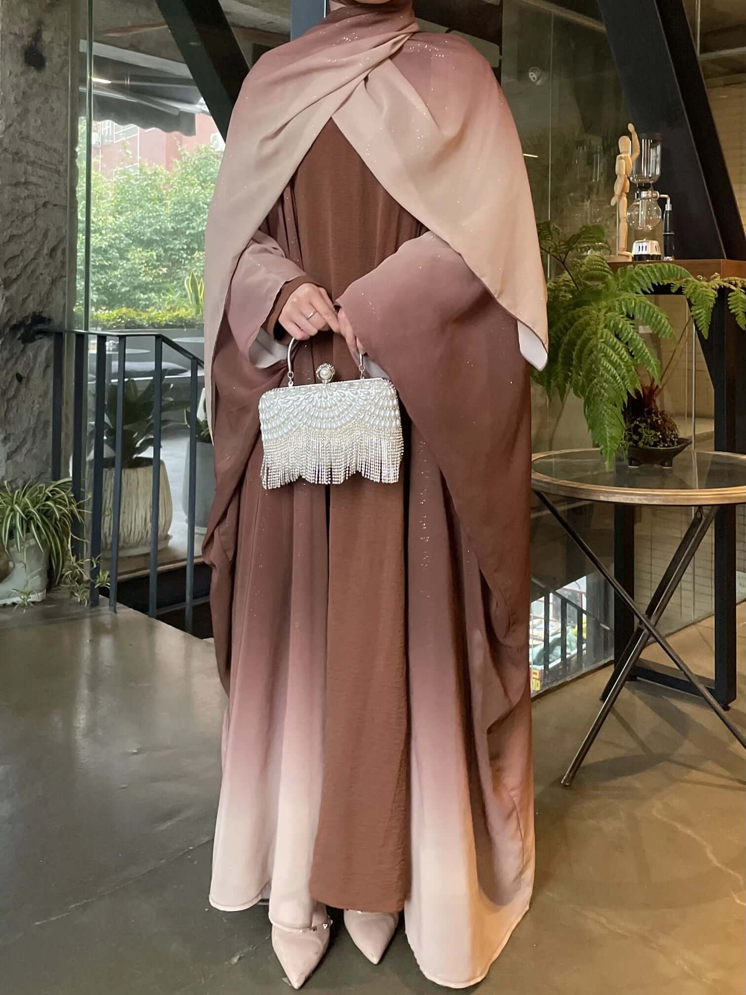 Gradient Galaxy Sparkling Abaya with Hijab 2-Piece Set