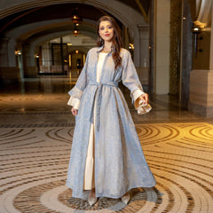 Breathable Soft Abaya Dress 3-Piece Set With Ruffle Sleeve & Stand Collar