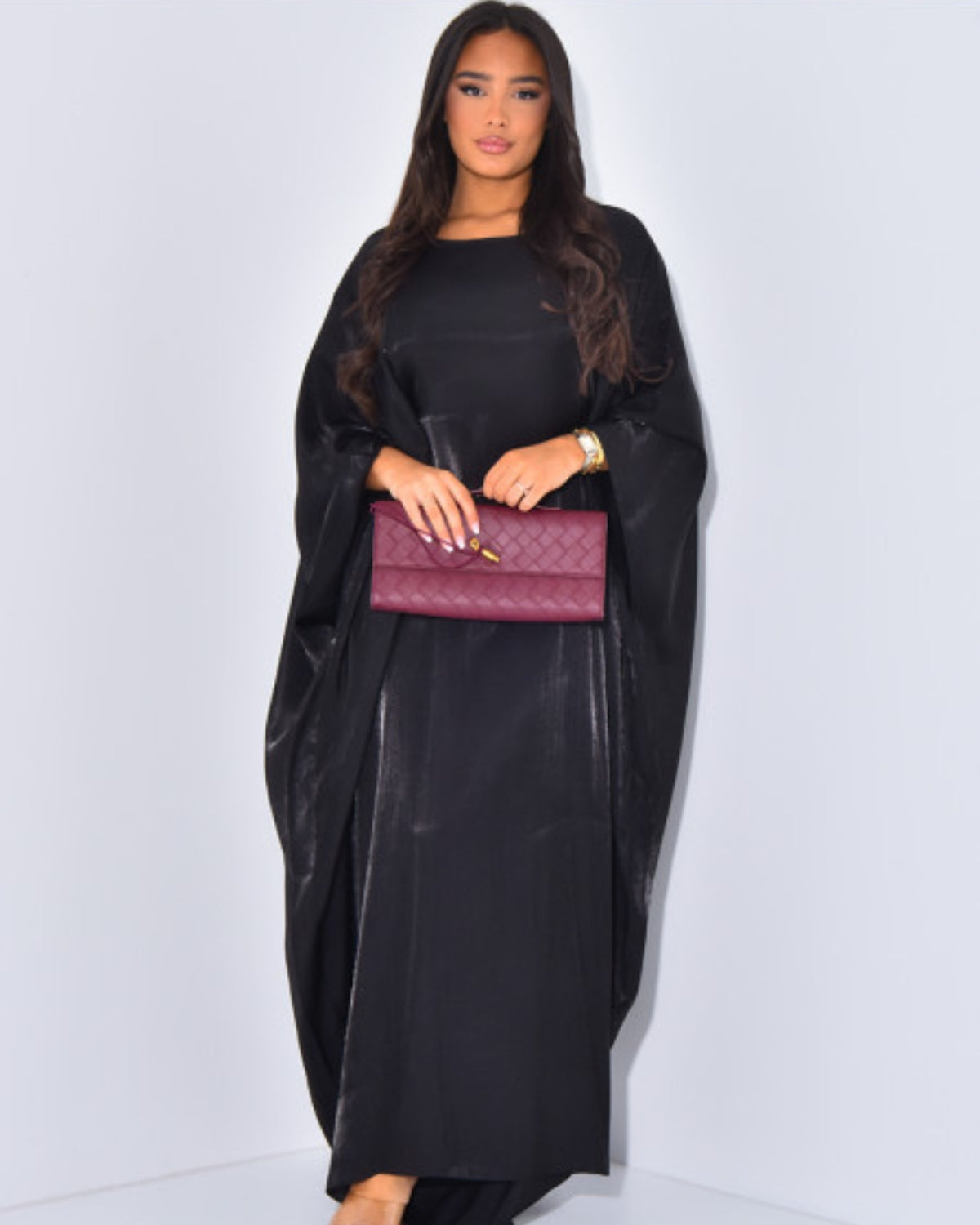 Solid Satin Butterfly Abaya Maxi Dress