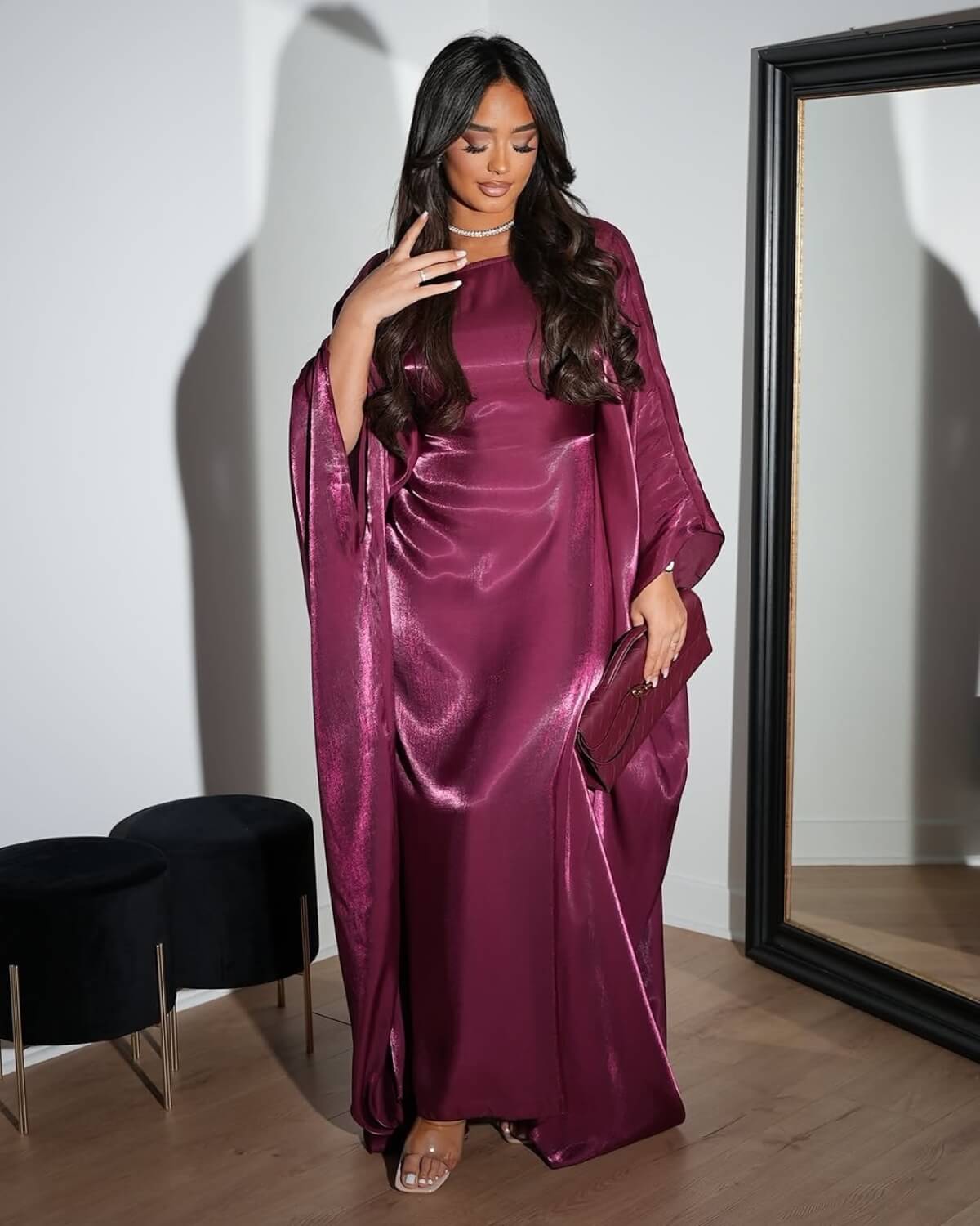 Solid Satin Butterfly Abaya Maxi Dress