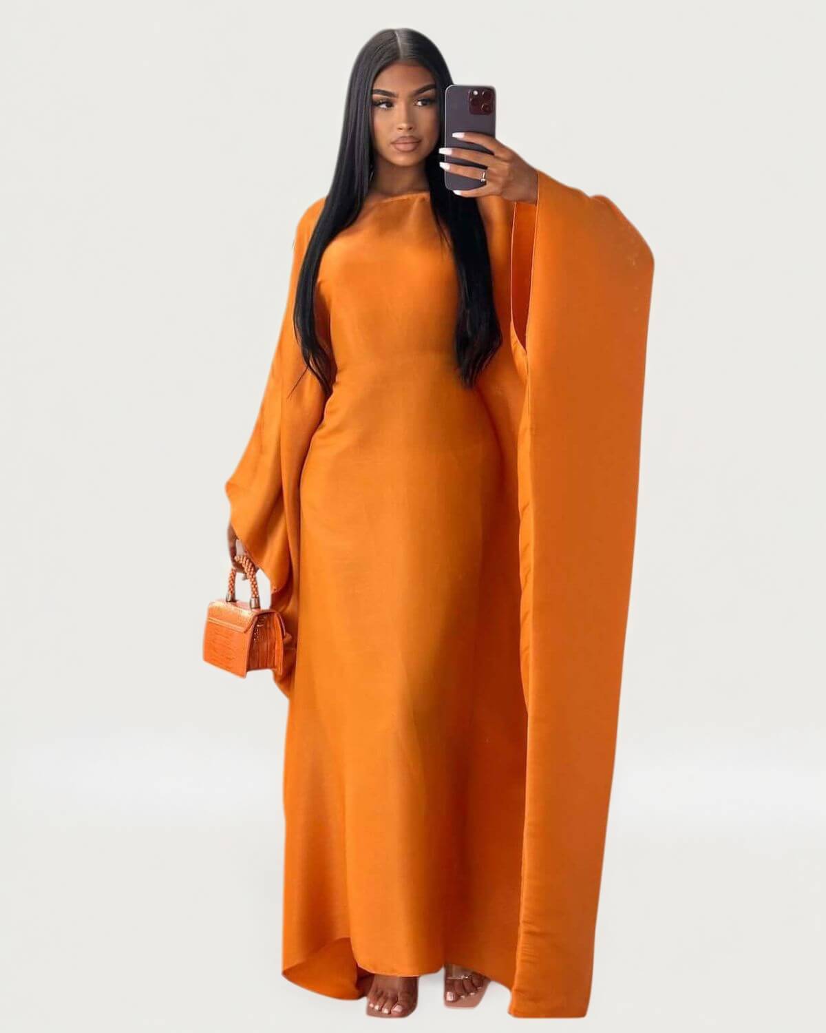 Solid Orange Maxi Butterfly Abaya Dress