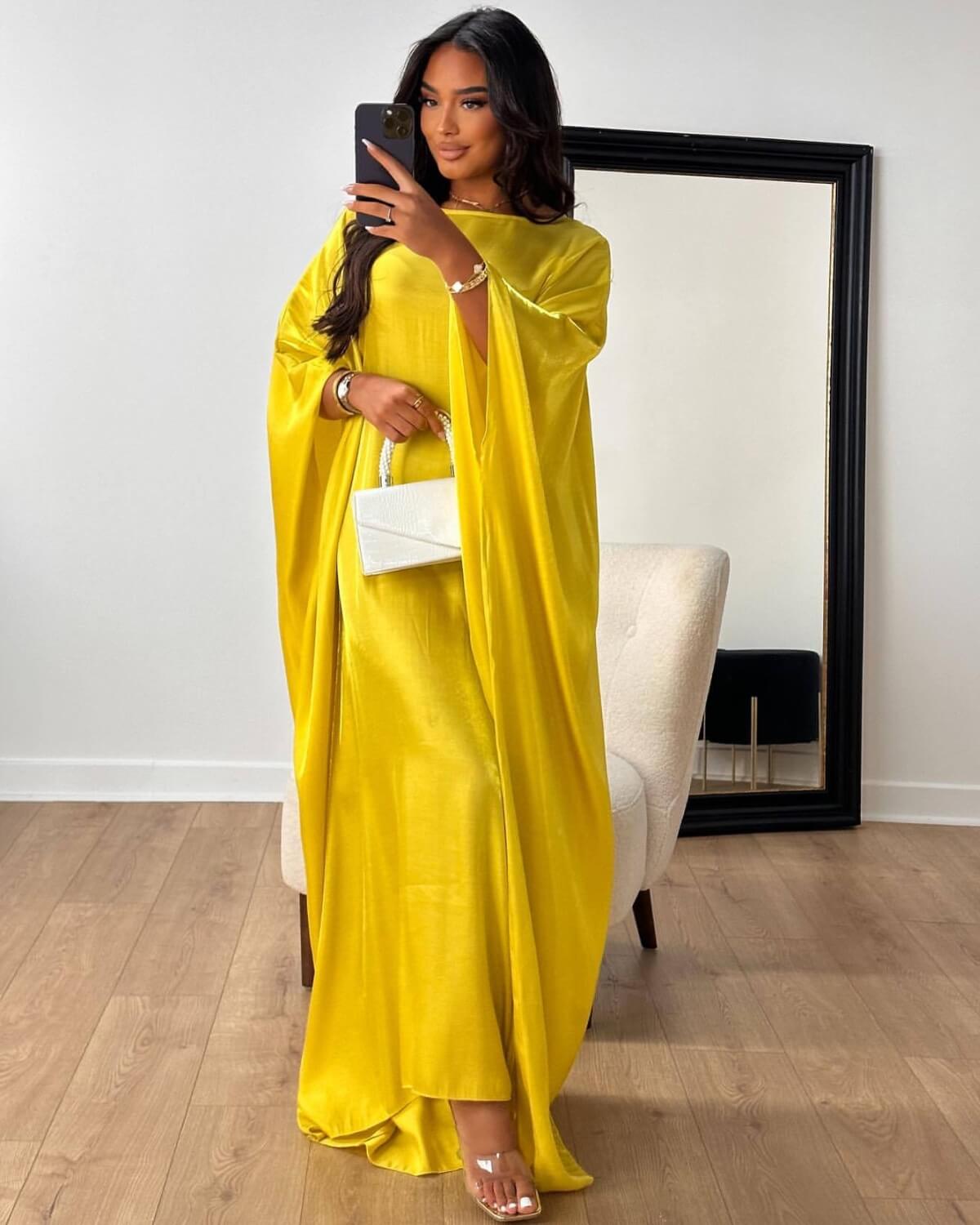 Solid Satin Butterfly Abaya Maxi Dress