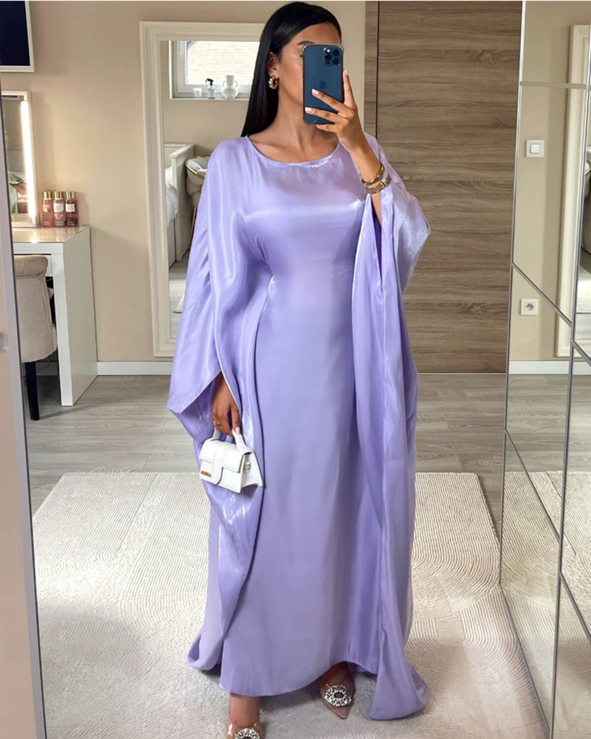 Solid Satin Butterfly Abaya Maxi Dress