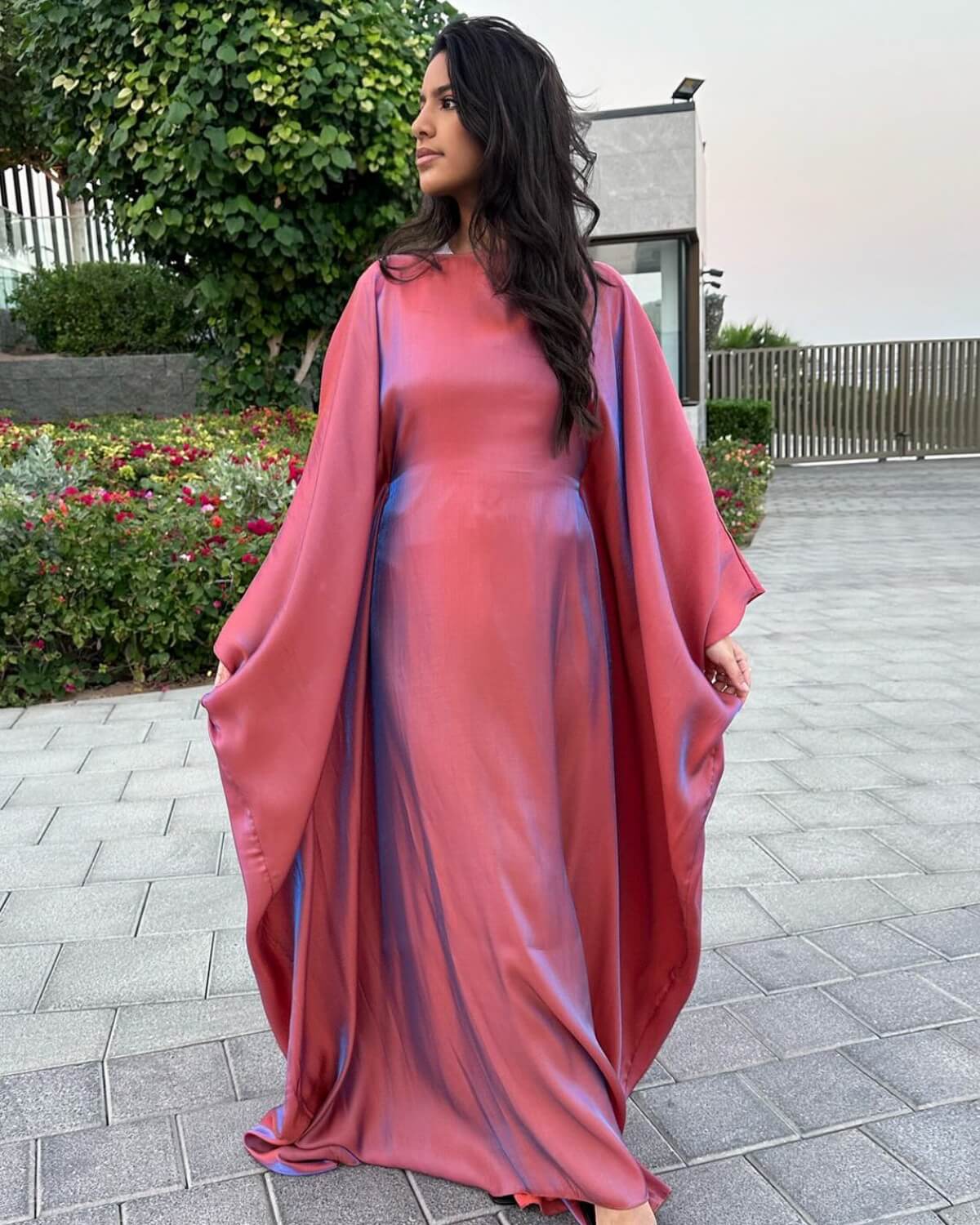 Solid Satin Butterfly Abaya Maxi Dress