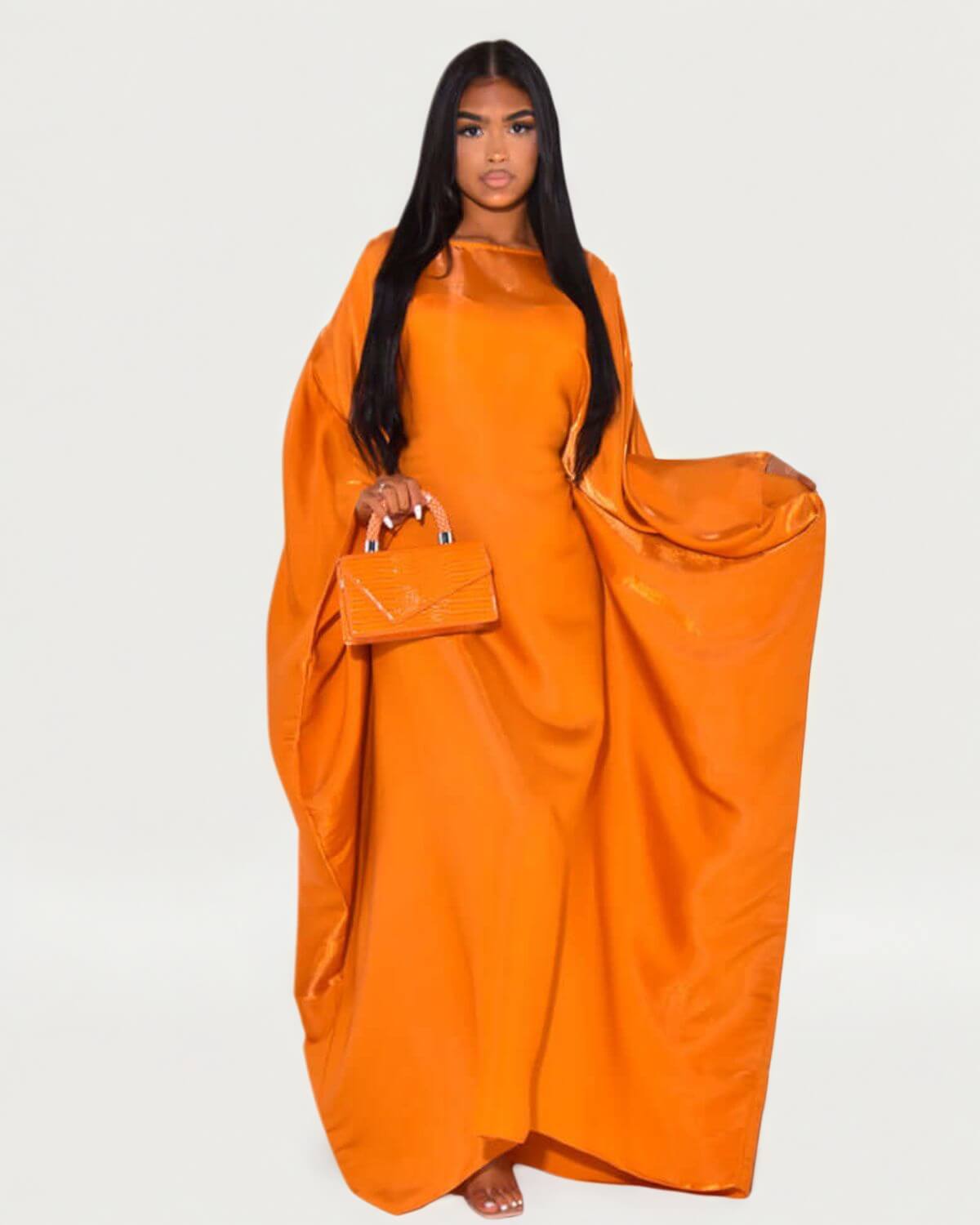 Solid Orange Maxi Butterfly Abaya Dress