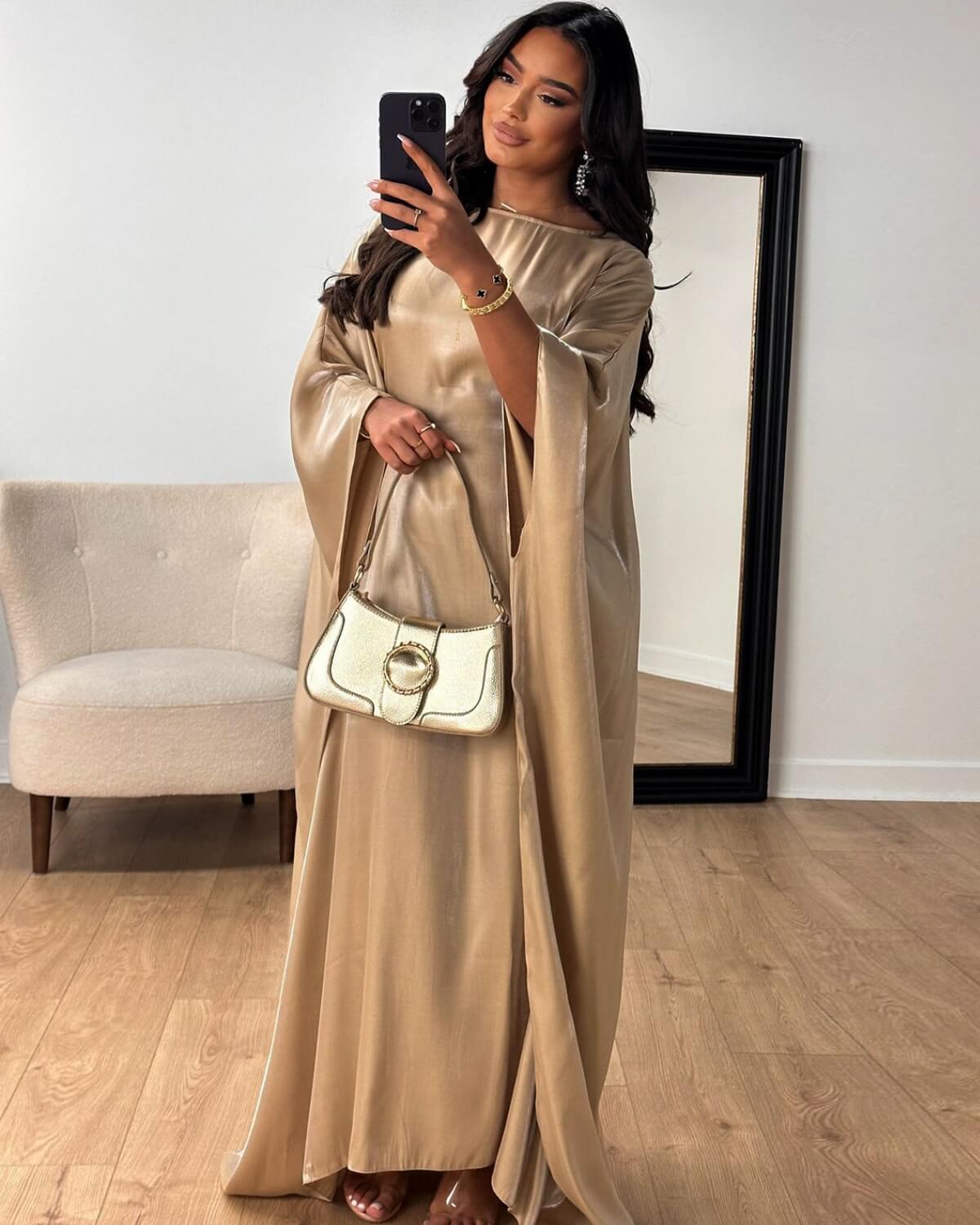Solid Satin Butterfly Abaya Maxi Dress