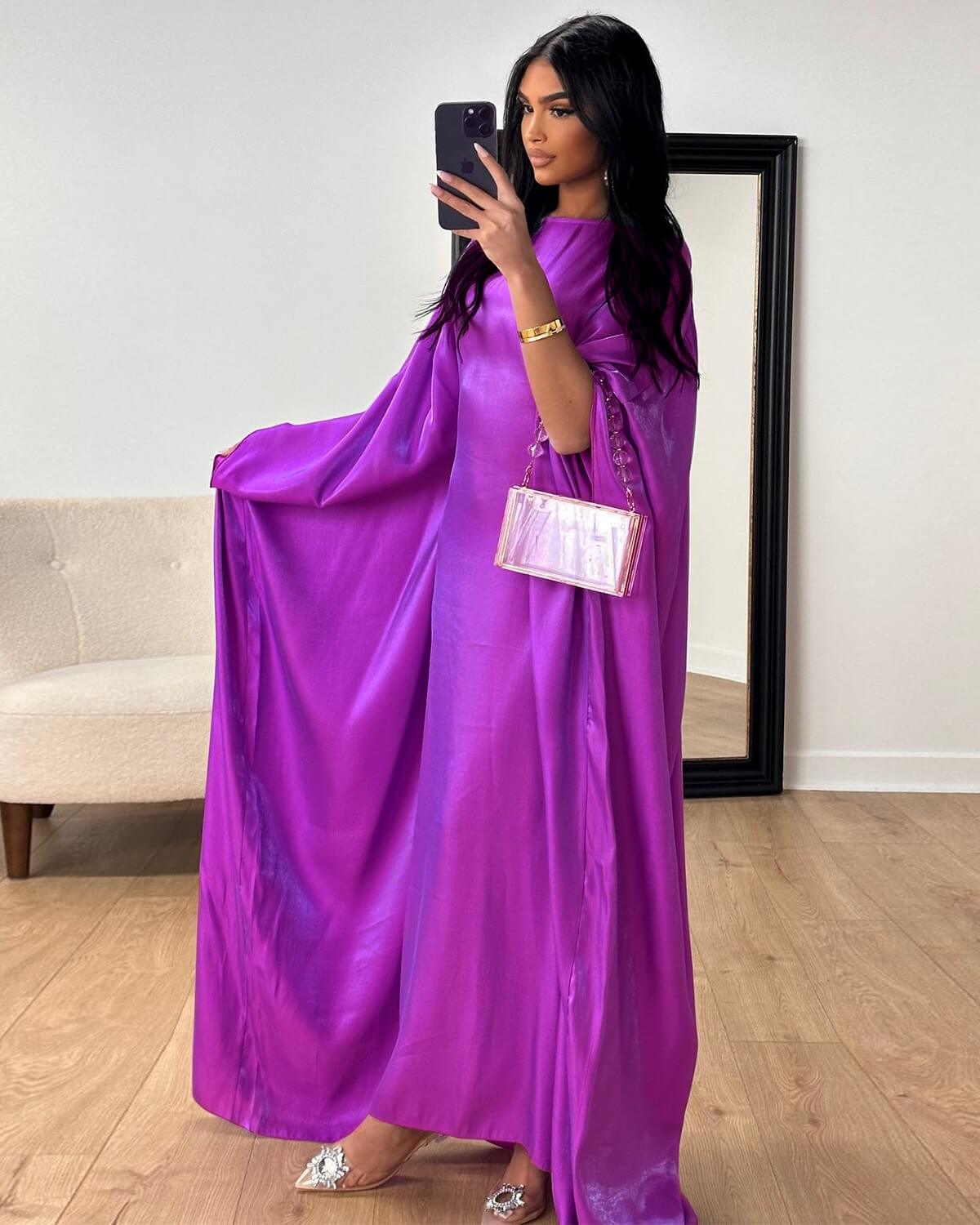 Solid Satin Butterfly Abaya Maxi Dress