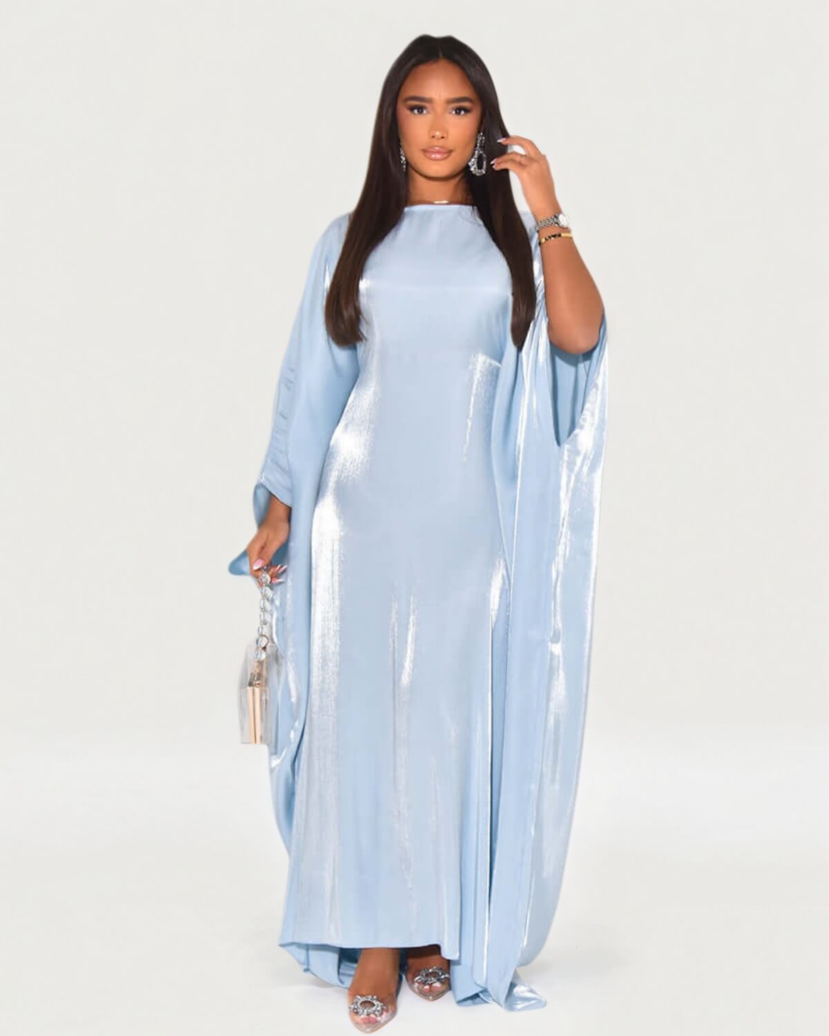 Solid Light Blue Maxi Satin Butterfly Abaya Dress