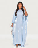 Solid Light Blue Maxi Satin Butterfly Abaya Dress