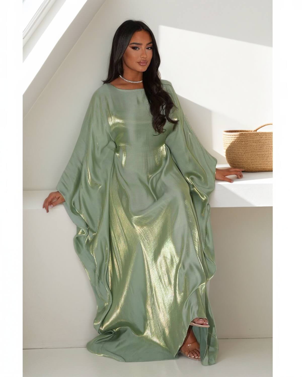 Solid Light Green Maxi Butterfly Abaya Dress
